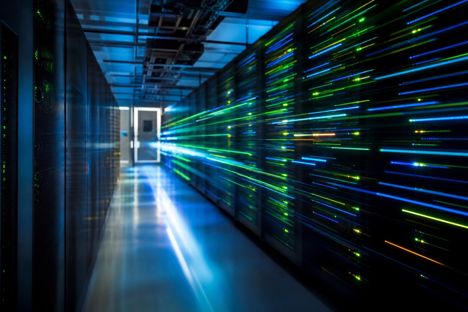 Corridoio di un data center con file di rack di rete e scie di luce che suggeriscono velocità di distribuzione