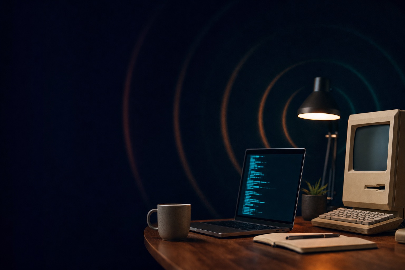 Scrivania tech in stile vintage al tramonto: portatile con terminale acceso e onde radio concentriche che si irradiano nello sfondo blu notte