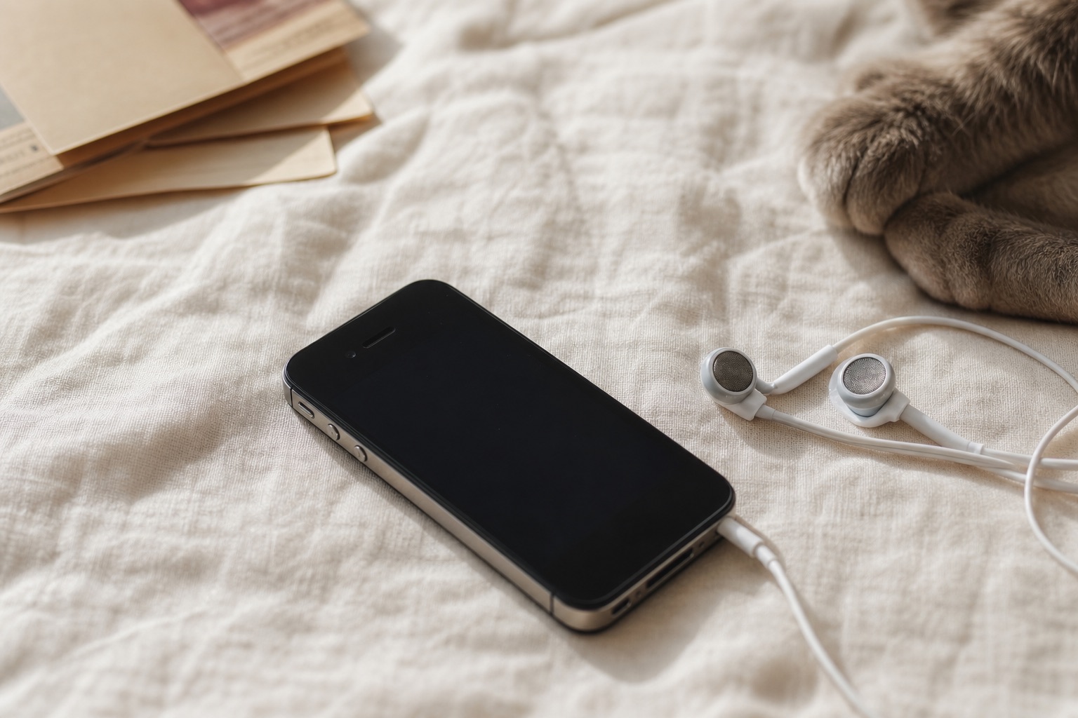 Smartphone in vetro nero dei primi anni Duemila su lino chiaro, accanto a cuffie con cavo