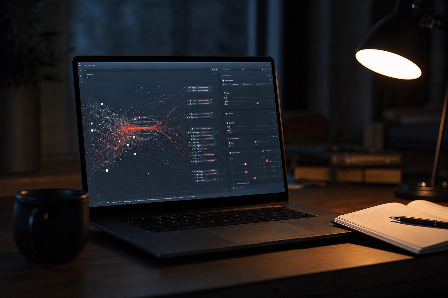 Portatile di notte con un monitor di attività di rete, quaderno e penna accanto alla lampada da scrivania