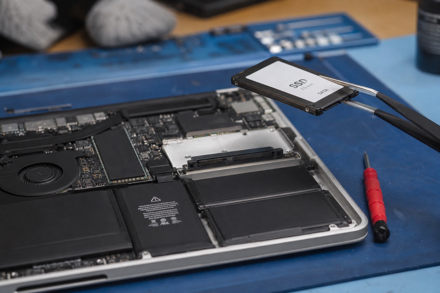 Chassis di un portatile aperto su tappetino antistatico, con un SSD da 2,5 pollici tenuto con pinzette sopra l'alloggiamento