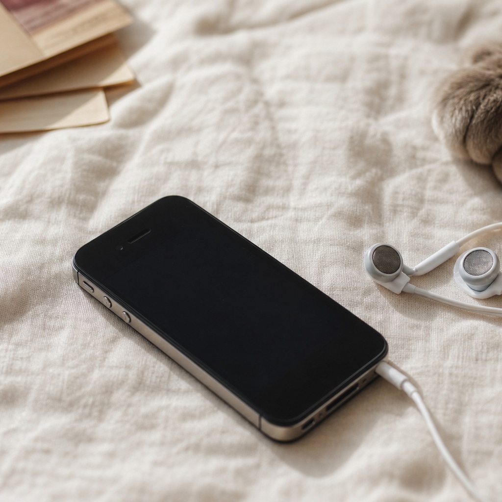 Smartphone in vetro nero dei primi anni Duemila su tessuto chiaro, accanto a cuffie con cavo